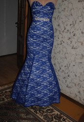 Выпускное,  вечернее,  кружевное платье в пол синего цвета,  фасона рыбка